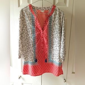 Antilia Femme Multicolored Bohemian Tie Tassel Tunic Blouse, Women's size Medium